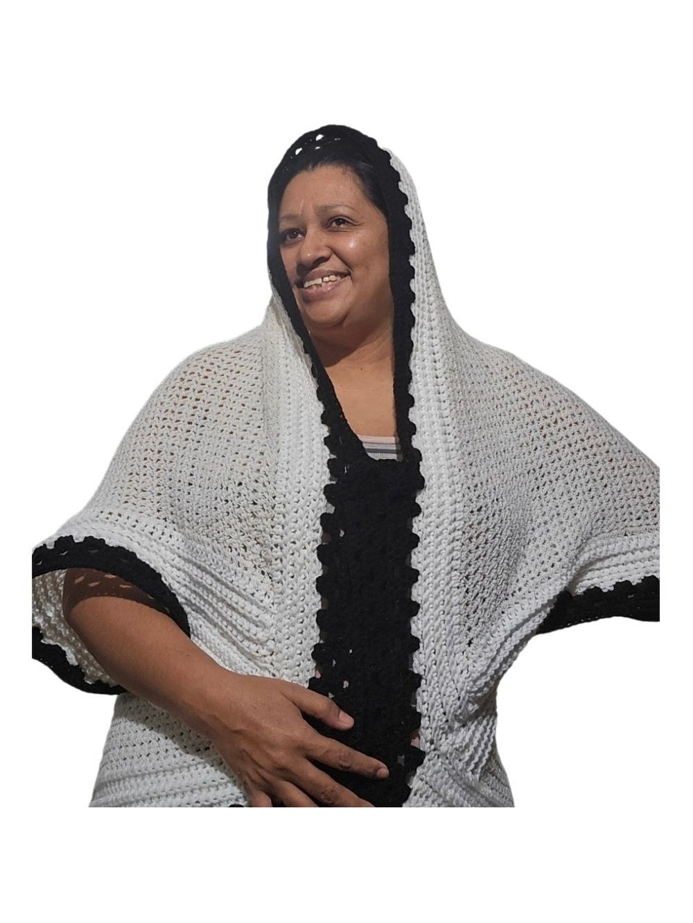 Handmade White Hand Knit Crochet Cocoon Cardigan Granny Square Black Open Front - Picture 14 of 17